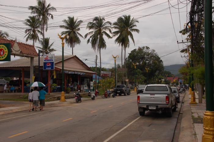 Das Bild zeigt eine Straße in einem südostasiatischen Dorf, wahrscheinlich in Thailand. Es ist ein bewölkter Tag, und die Straße ist relativ ruhig. An der Straße befinden sich einige kleine Geschäfte und Restaurants mit Schildern in thailändischer Sprache und teilweise englischen Begriffen wie “Coca-Cola” und “Pepsi”. Palmen säumen die Straße. Es sind einige Fahrzeuge (Pick-ups, Autos, Motorräder) geparkt und einige Personen sind zu Fuß unterwegs. Die Straßenlaternen haben einen auffälligen, goldenen, ornatierten Kopfteil in Form eines Vogels. Insgesamt vermittelt das Bild einen ruhigen und alltäglichen Eindruck vom Leben in einem kleinen thailändischen Ort.