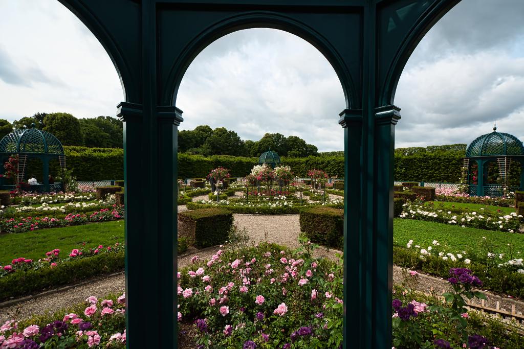Ein Blick in einen prächtigen Rosengarten mit kunstvollen Beeten und einer Vielzahl an Rosen. Der Bildaufbau ist symmetrisch und zeigt einen Garten mit geometrischen Beeten, die mit verschiedenen Rosenarten gefüllt sind. Die Beete sind durch Rasenflächen und Sträucher getrennt, was dem Garten eine geordnete und strukturierte Atmosphäre verleiht. Durch zwei grüne Bögen aus geschwungenem Metall wird der Blick auf den Garten freigegeben. Die Bögen gehören anscheinend zu einem Pavillon analog zu zwei am Bildrand sichtbaren Pavillons. Der Fotograf steht anscheinend im Inneren eines Pavillons. Die Rosen zeigen ihre volle Blütenpracht, mit verschiedenen Formen, Farben und Texturen. Die Farben sind lebendig und bieten ein harmonisches Zusammenspiel im gesamten Bild. Die grünen Rasenflächen und Sträucher zwischen den Beeten dienen als natürliche Trennwände und betonen die Form und Gestaltung der Gestaltung des Gartens.