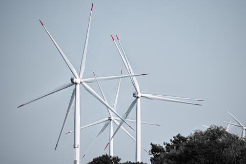 Mehrere weiße Windkraftanlagen stehen auf einem Hintergrund mit grauem Himmel und dunkelgrünen Bäumen im Vordergrund. Die Anlagen sind in verschiedenen Positionen im Bild zu sehen und zeigen die Rotoren, die sich durch den Wind drehen. Die Rotoren sind weiß und haben rote Markierungen an den Spitzen. Sowohl Rotorblätter als auch der Korpus erscheinen dupliziert wie durch Focus Stacking oder Mehrfachbelichtung. Der Fokus liegt auf den Details der Windkraftanlagen, insbesondere auf den Flügeln und ihrer Anordnung. Der Himmel ist hellgrau und unauffällig. Die Bäume bilden einen dunklen Kontrast zum hellen Weiß der Windkraftanlagen. Das Bild ist neutral und konzentriert sich auf die technische Struktur der Windräder. Die Perspektive ist von etwas Abstand und zeigt die Größe der Anlagen.