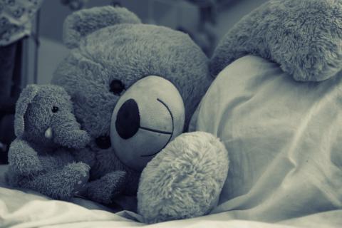 Ein grauer Teddybär liegt auf einem Bett unter einer Bettdecke und kuschelt mit einem Elefanten-Plüschtier. Die Komposition der Aufnahme konzentriert sich auf die beiden Kuscheltiere, die eng nebeneinander liegen. Der Fokus liegt auf den weichen Texturen und Formen der Plüschtiere. Der Bildausschnitt ist eng und umfasst hauptsächlich die oberen und mittleren Bereiche der Plüschtiere. Die Farben sind überwiegend in Grautönen gehalten, mit sanften Variationen in der Helligkeit. Der Teddybär hat eine weiche, graue Plüschtextur, ein großes rundes Gesicht mit dunklen Augen und Nasenlöchern. Das kleine Elefanten-Plüschtier liegt neben dem Teddybär und einen runden Körper mit ausgeprägten, langen Ohren und einem kurzen Rüssel. Die Plüschtiere werden als eine Gruppe wahrgenommen, die sich gegenseitig nah sind. Das Bild scheint ein Foto in Schwarzweiß oder Sepia-Ton zu sein. Die Gestaltung ist einfach und ohne viel Detail. Der Stil ist detailliert, mit weichen Übergängen zwischen den Texturen.