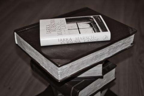 Ein Tischchen, das aussieht wie ein Stapel großer Bücher mit einem echten, weißen Buch darauf. Das weiße Buch ist im Fokus und der Titel ist lesbar: 'Jarka Kubsova - Marschlande'. Im Hintergrund sieht man einen Fußboden, der wie ein Parkettboden aussieht. Die Szene ist von schräg oben aufgenommen.
