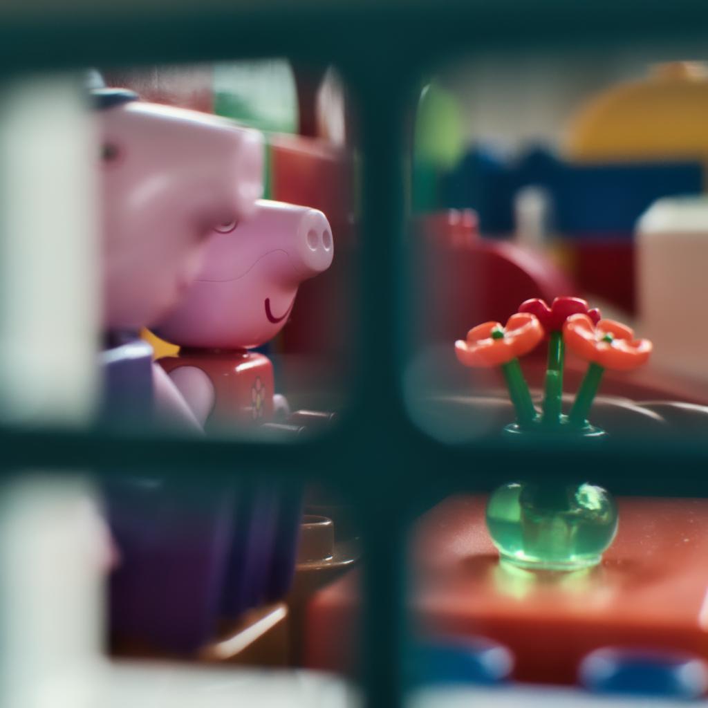 Das Bild fängt eine intime Nahaufnahme von Spielzeugfiguren im Fokus ein, wobei der Betrachter durch ein Fenster oder eine ähnliche Struktur blickt. Die Szene wird durch die Rahmung der Aufnahme strukturiert, wobei eine grüne, gitterartige Struktur im Vordergrund als Fenster oder Rahmen dient, durch das der Betrachter auf die eigentliche Szene blickt. Die Hauptfiguren, zwei Spielzeugfiguren, die an Peppa-Pig-Figuren im Lego-Duplo-Look erinnern, befinden sich im Hintergrund, umgeben von bunten Legosteinen. Im rechten Bereich des Bildes stehen kleine, rote Blüten in einer grünen Vase, die auf einer roten Oberfläche positioniert sind. Die Komposition erzeugt eine visuelle Trennung, die den Betrachter durch das Fenster in das Spielzeug-Universum einlädt. Die unscharfe Darstellung des Hintergrundes lenkt die Aufmerksamkeit auf die Hauptfiguren und die Blumen.